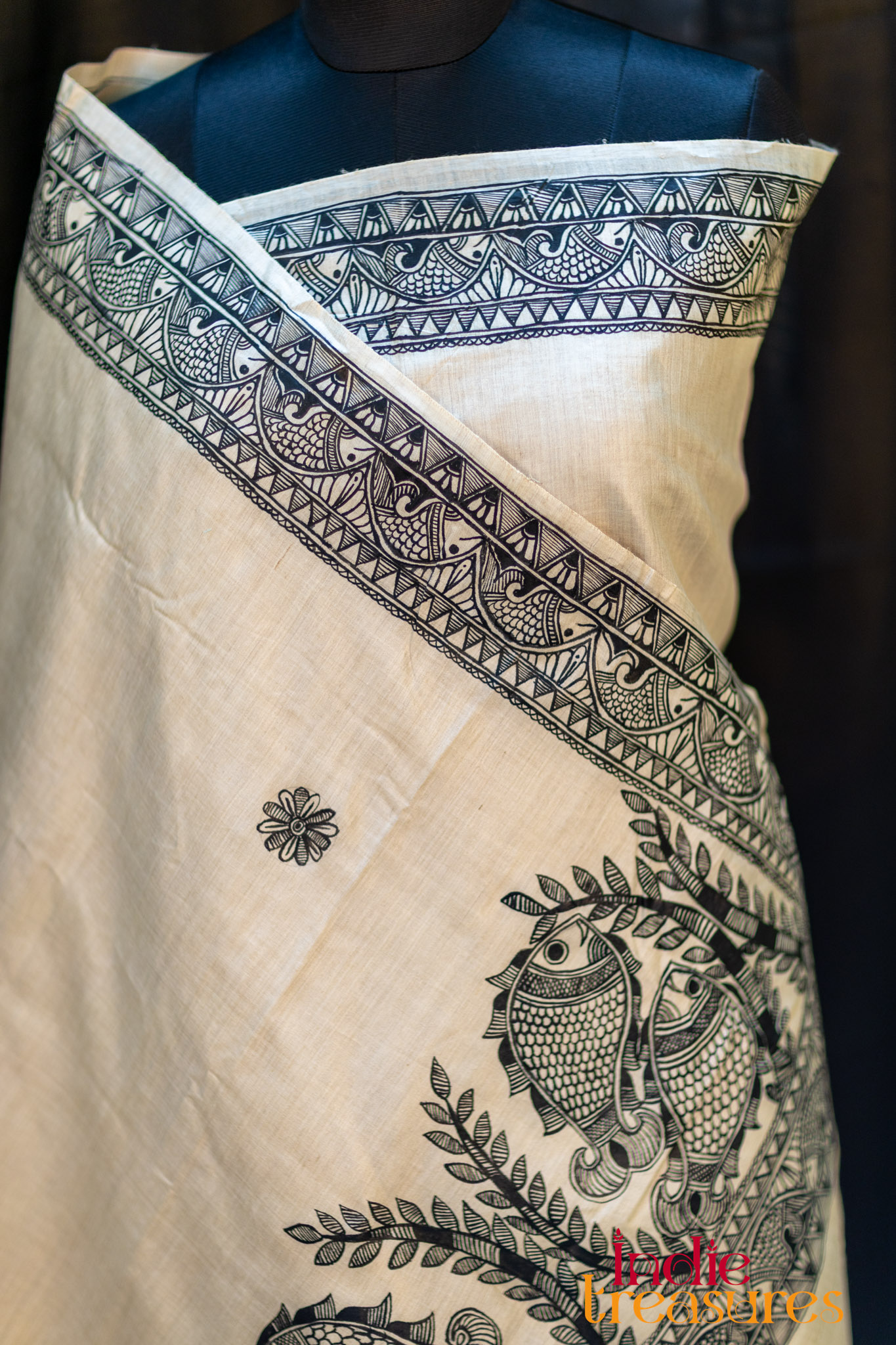 Hand-Painted Madhubani Tussar Silk Saree - Image 3